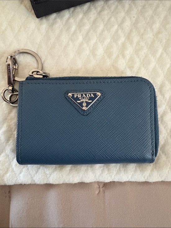 Prada Accessories - Prada Blue Saffiano Leather Zip Key & Card Holder with Silver Hardware